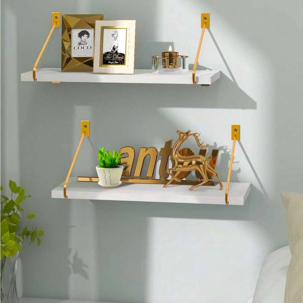 Two white 100% pine floating shelves with gold handles